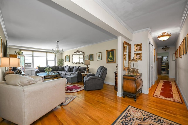 211-40 18th Ave Unit 4A, Bayside, NY 11360 - living area with crown molding, light wood finished floors, a chandelier, and cooling unit