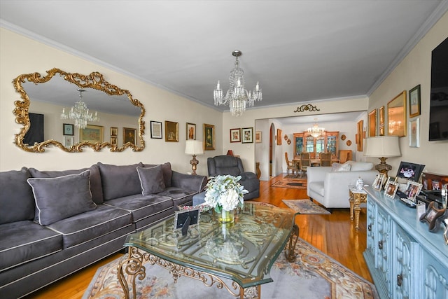211-40 18th Ave Unit 4A, Bayside, NY 11360 - living room featuring a chandelier, wood finished floors, and crown molding