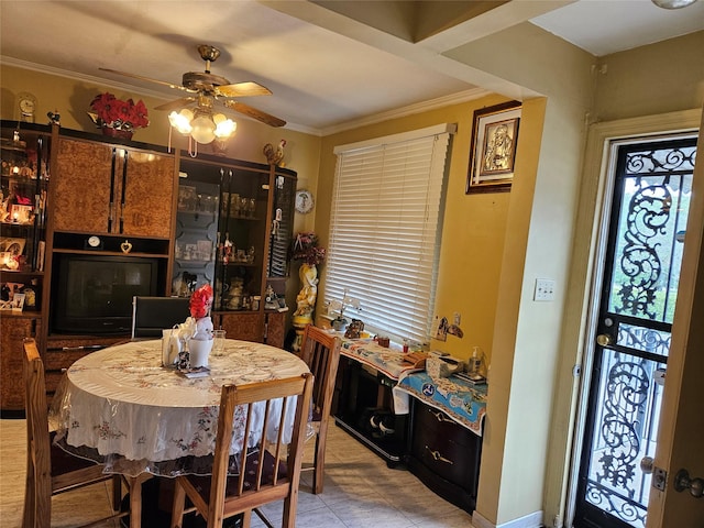 199-06 24th Rd, Whitestone, NY 11357 - dining area with a ceiling fan, crown molding, and light tile patterned floors
