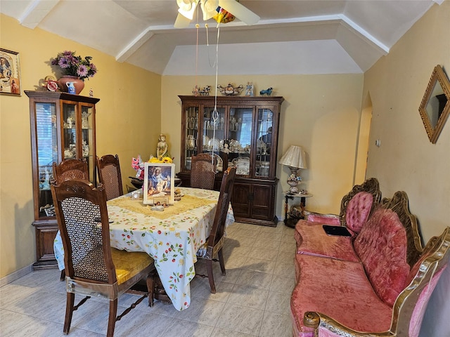 199-06 24th Rd, Whitestone, NY 11357 - dining space with vaulted ceiling, a ceiling fan, and light tile patterned flooring