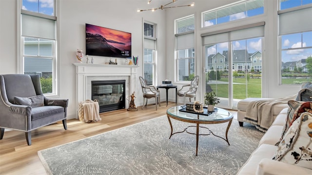 333 Wavell Ave, Yaphank, NY 11980 - living area featuring wood finished floors, plenty of natural light, and a glass covered fireplace