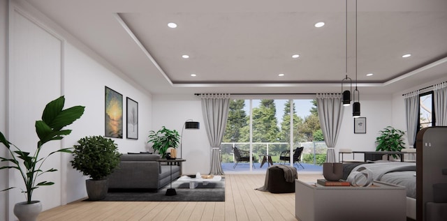 59 Shinnecock Hills Rd, Southampton, NY 11968 - living room with a tray ceiling, wood-type flooring, and recessed lighting