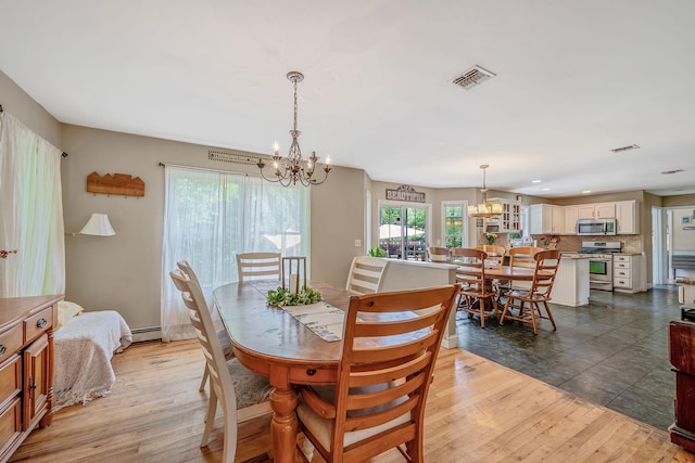4 Ariel Ct, Rocky Point, NY 11778 - dining room featuring a chandelier, light wood-style floors, recessed lighting, and a baseboard heating unit