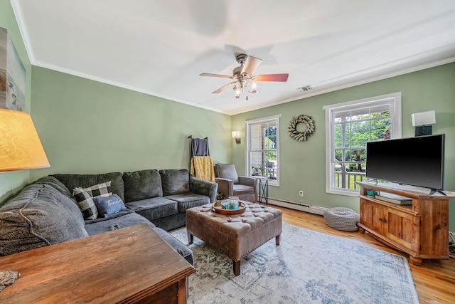 4 Ariel Ct, Rocky Point, NY 11778 - living room featuring a baseboard heating unit, wood finished floors, ornamental molding, and a ceiling fan