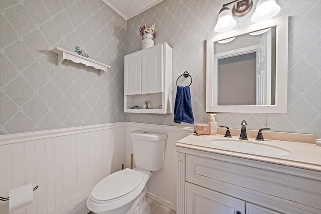 4 Ariel Ct, Rocky Point, NY 11778 - half bath with vanity, wainscoting, and wallpapered walls