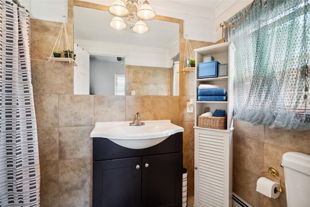 80 Diana Dr, Mastic Beach, NY 11951 - bathroom featuring tile walls, vanity, a chandelier, toilet, and a shower with shower curtain
