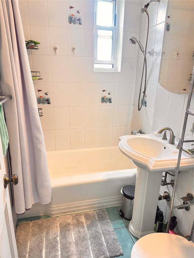 30-11 Parsons Blvd Unit 3P, Flushing, NY 11354 - bathroom with tile walls, shower / bath combo with shower curtain, and tile patterned flooring