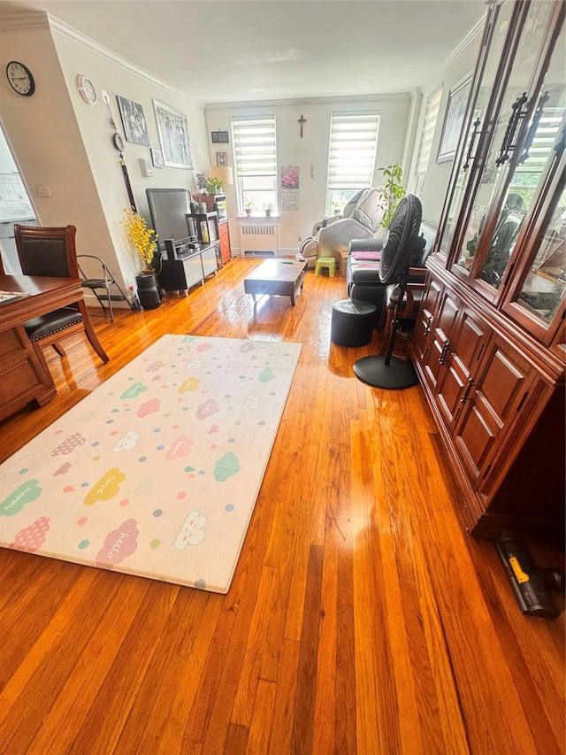 30-11 Parsons Blvd Unit 3P, Flushing, NY 11354 - living room with light wood-type flooring, radiator heating unit, and ornamental molding