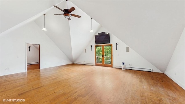 1002 Kitchawan Rd, Ossining, NY 10562 - unfurnished living room with baseboard heating, ceiling fan, wood finished floors, and lofted ceiling