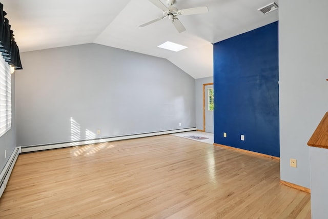 109 Dogwood Ln, Port Jefferson, NY 11777 - additional living space featuring a baseboard heating unit, a ceiling fan, wood finished floors, vaulted ceiling, and a skylight