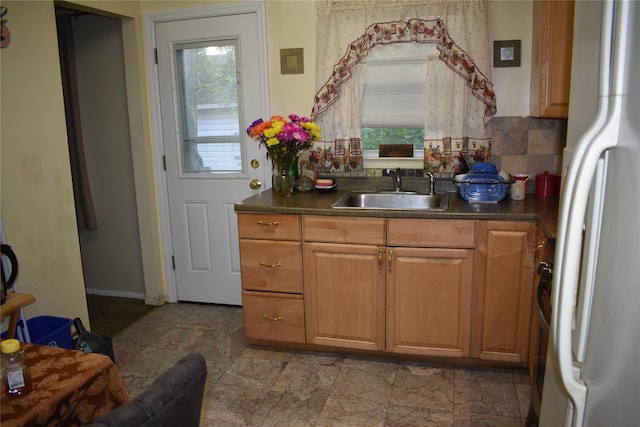 13 W Hickory St, Spring Valley, NY 10977 - kitchen with freestanding refrigerator and dark countertops