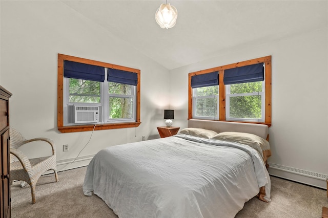3841 Indian Hill Rd, Shrub Oak, NY 10588 - bedroom featuring a baseboard heating unit, carpet, multiple windows, vaulted ceiling, and cooling unit