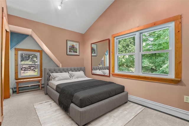 3841 Indian Hill Rd, Shrub Oak, NY 10588 - carpeted bedroom featuring vaulted ceiling and a baseboard radiator