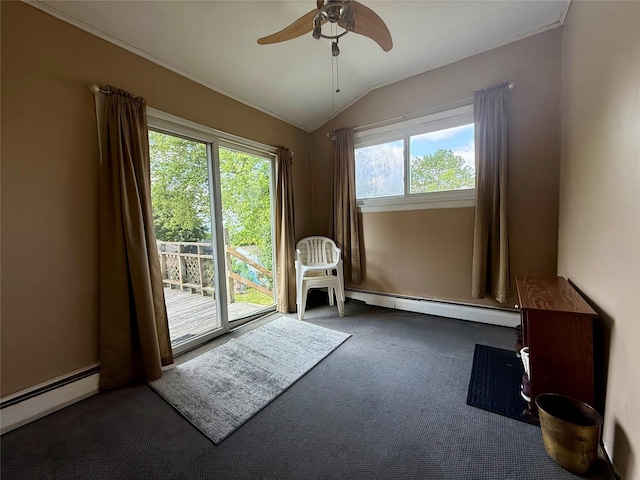 17 Wilson Rd, Brewster, NY 10509 - carpeted spare room featuring baseboard heating, lofted ceiling, and ceiling fan
