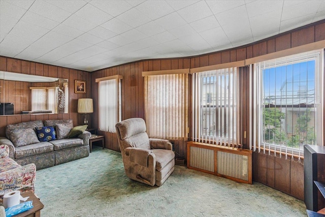 10364 52nd Ave, Flushing, NY 11368 - carpeted living room featuring radiator and wooden walls
