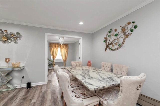 2716 Beach Dr, Merrick, NY 11566 - dining area with a baseboard heating unit, wood finished floors, baseboards, ornamental molding, and recessed lighting