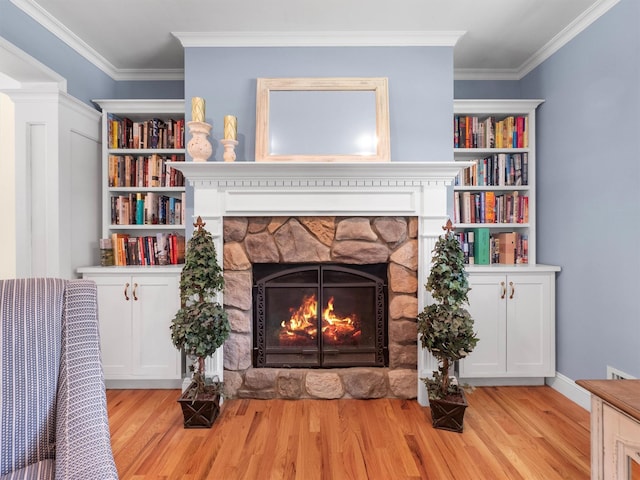 15 Tennyson Dr, Nanuet, NY 10954 - living area featuring a stone fireplace, light wood-type flooring, and ornamental molding