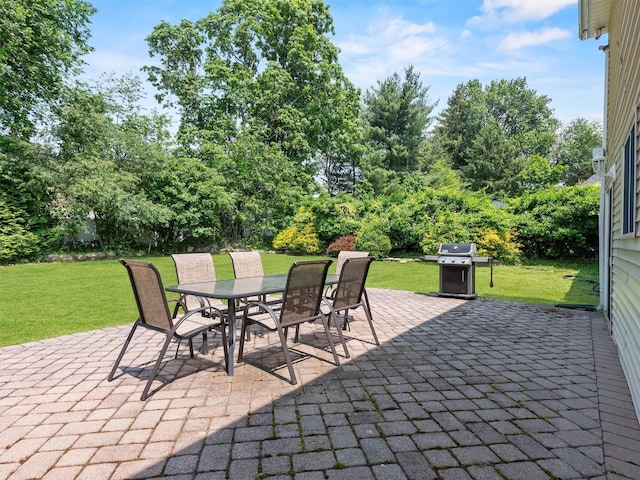 15 Tennyson Dr, Nanuet, NY 10954 - view of patio with outdoor dining area, grilling area, and view of wooded area