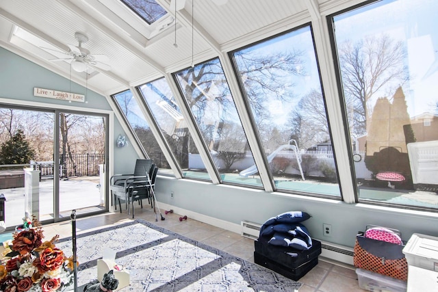 81 Brunswick Rd, Ronkonkoma, NY 11779 - sunroom / solarium featuring a skylight, a baseboard radiator, vaulted ceiling, and tile patterned flooring
