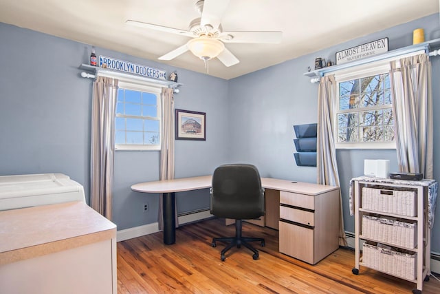 81 Brunswick Rd, Ronkonkoma, NY 11779 - home office featuring plenty of natural light, a ceiling fan, light wood-type flooring, and a baseboard heating unit