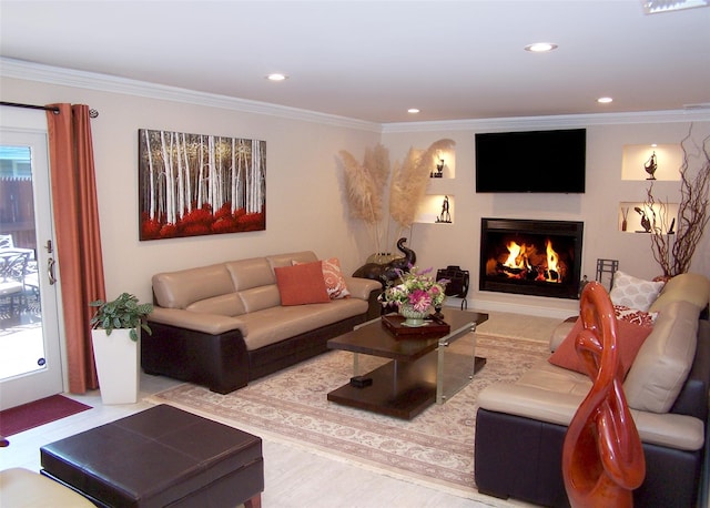 12 Sound View Dr, Rocky Point, NY 11778 - living area with a warm lit fireplace, crown molding, and recessed lighting