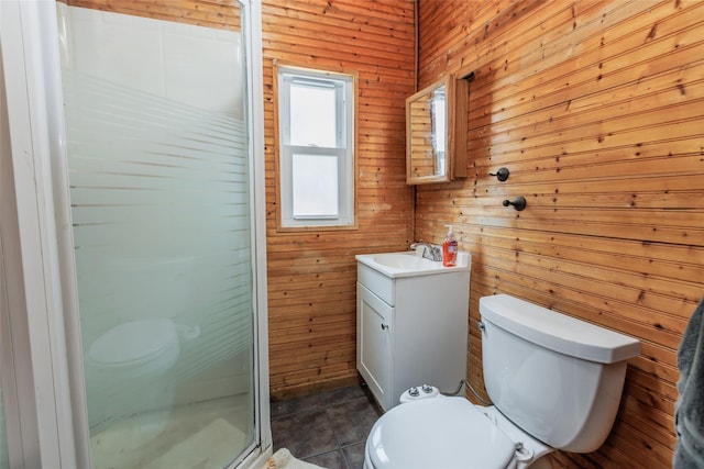 72 Parkway Blvd, Ronkonkoma, NY 11779 - bathroom featuring vanity, a stall shower, and wooden walls
