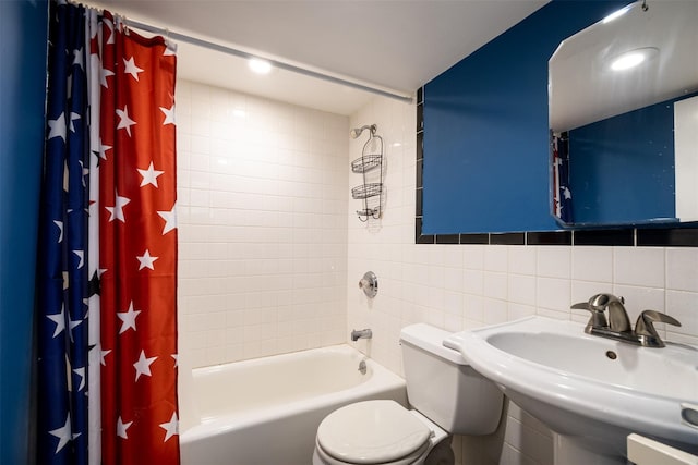 6 Beech Pl Unit 6, Bronx, NY 10465 - full bathroom with toilet, shower / bath combination with curtain, tile walls, a sink, and backsplash
