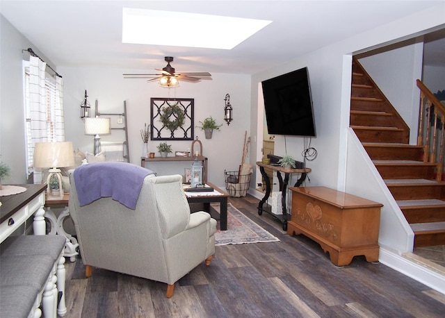 53 Admiral St, Port Jefferson Station, NY 11776 - living area with a skylight, stairway, wood finished floors, and ceiling fan