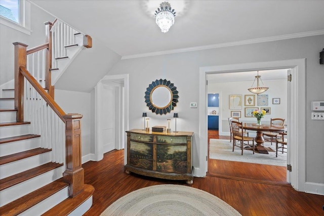 400 Manor Ridge Rd, Pelham, NY 10803 - stairs featuring wood finished floors, ornamental molding, and a chandelier