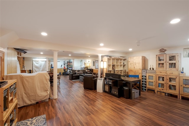 156 E Maujer St, Valley Stream, NY 11580 - living room featuring wood finished floors, ornate columns, and recessed lighting