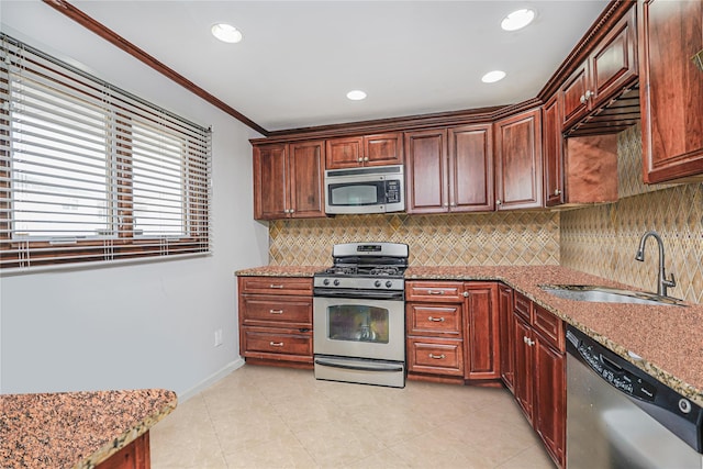 15 Oliver Pl, Staten Island, NY 10314 - kitchen featuring stainless steel appliances, a sink, tasteful backsplash, light stone countertops, and ornamental molding