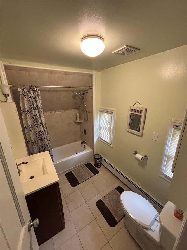 103 Continental Rd, Napanoch, NY 12458 - bathroom with toilet, tile patterned flooring, vanity, shower / bath combo with shower curtain, and a baseboard radiator