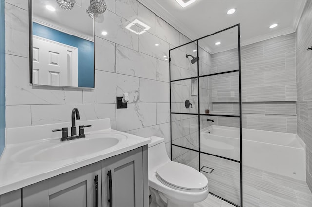 59 Oslo Dr, Yorktown Heights, NY 10598 - bathroom featuring tile walls, ornamental molding, toilet, vanity, and tiled shower