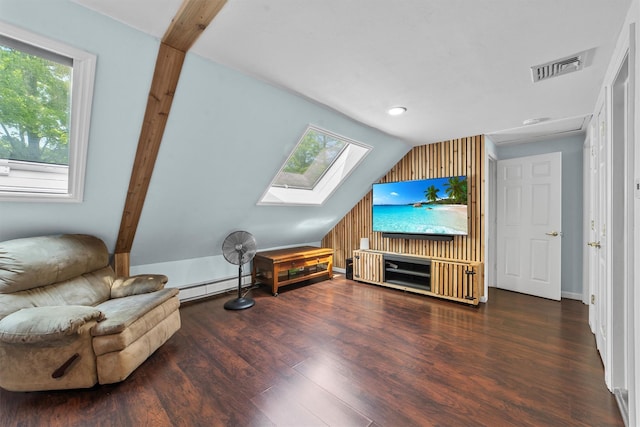 59 Oslo Dr, Yorktown Heights, NY 10598 - living area with a baseboard heating unit, a skylight, vaulted ceiling, plenty of natural light, and wood finished floors