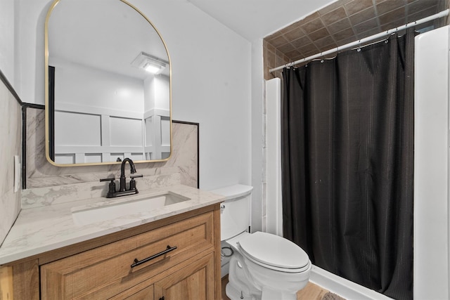 59 Oslo Dr, Yorktown Heights, NY 10598 - bathroom with vanity, toilet, a shower with shower curtain, and decorative backsplash