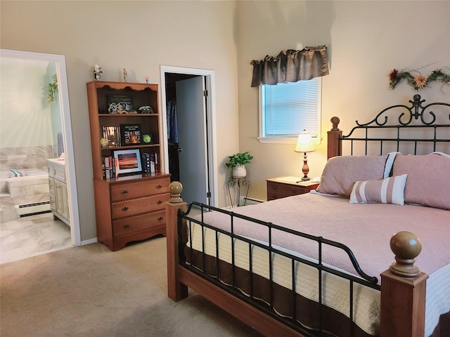 43 Last Rd, Montgomery, NY 10941 - bedroom featuring a baseboard heating unit, ensuite bathroom, and light colored carpet