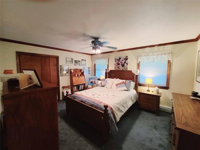 43 Last Rd, Montgomery, NY 10941 - bedroom with dark carpet, baseboard heating, a ceiling fan, and crown molding