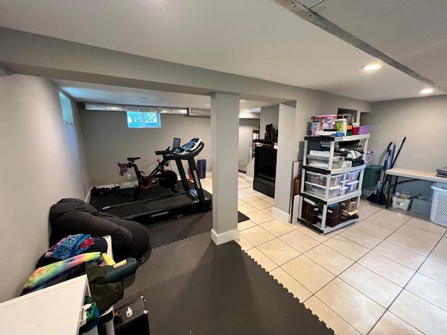 101 Oswego St, North Bellmore, NY 11710 - exercise area featuring light tile patterned floors and recessed lighting
