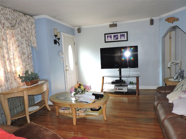 713 Colonial St, Uniondale, NY 11553 - living room with wood finished floors and crown molding