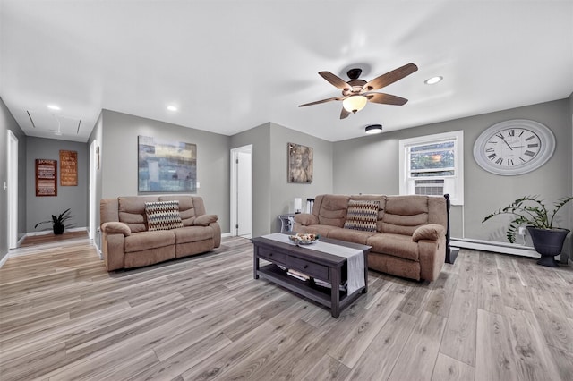 98 Greenhaven Rd, Poughquag, NY 12570 - living area featuring attic access, light wood-style flooring, a ceiling fan, a baseboard radiator, and recessed lighting