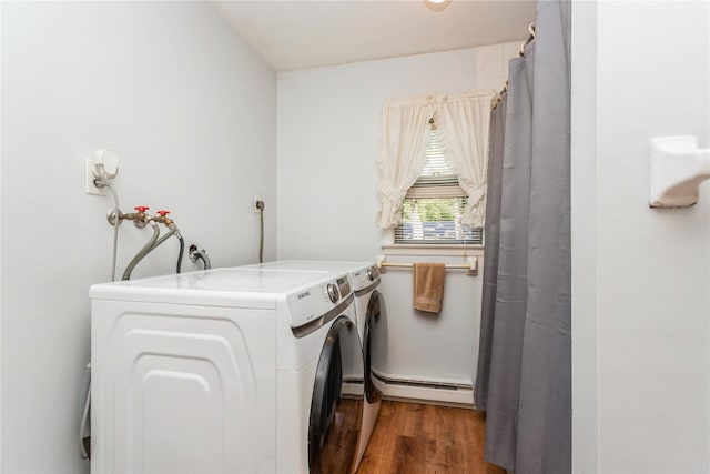 37 Old Mill Rd, Yorktown Heights, NY 10598 - laundry area featuring baseboard heating, washing machine and dryer, and wood finished floors