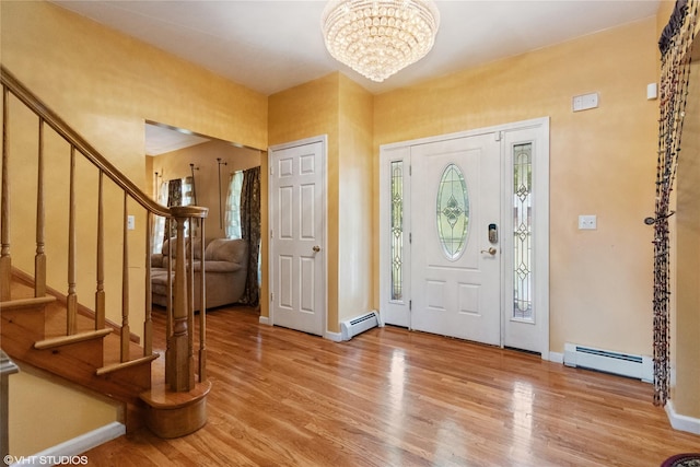 10 Wyllys Ct, Rock Tavern, NY 12575 - foyer featuring a baseboard heating unit, stairs, and wood finished floors