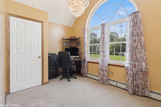 10 Wyllys Ct, Rock Tavern, NY 12575 - carpeted office featuring healthy amount of natural light, a chandelier, vaulted ceiling, and a baseboard radiator