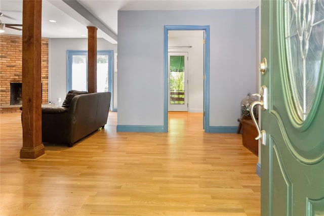32 Overhill Rd, Yorktown Heights, NY 10598 - foyer entrance with ornate columns, light wood-type flooring, baseboards, a ceiling fan, and recessed lighting