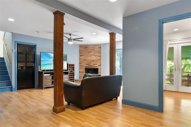 32 Overhill Rd, Yorktown Heights, NY 10598 - living room featuring ornate columns, plenty of natural light, ceiling fan, light wood finished floors, and recessed lighting
