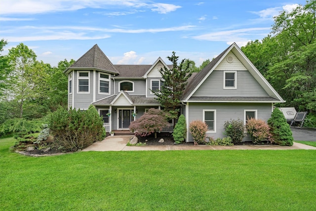 32 Woodcrest Ln, Goshen, NY 10924 - victorian house with a front yard, a shingled roof, and a porch