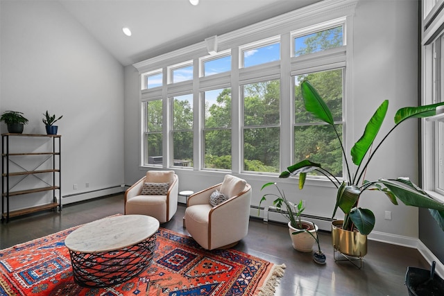32 Woodcrest Ln, Goshen, NY 10924 - living area featuring baseboard heating, lofted ceiling, recessed lighting, wood finished floors, and baseboards