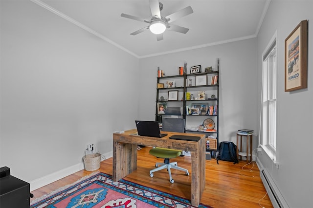 32 Woodcrest Ln, Goshen, NY 10924 - office space with a ceiling fan, crown molding, wood finished floors, baseboards, and a baseboard heating unit