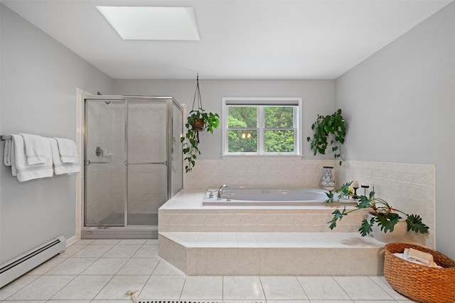 32 Woodcrest Ln, Goshen, NY 10924 - full bathroom featuring a baseboard radiator, a bath, a shower stall, tile patterned flooring, and a skylight