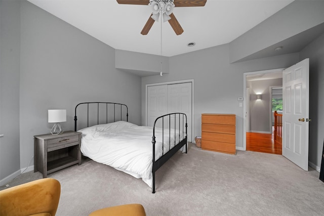 32 Woodcrest Ln, Goshen, NY 10924 - bedroom featuring light colored carpet, a closet, baseboards, and ceiling fan